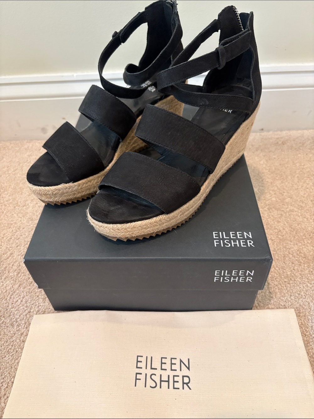 Eileen Fisher Black Espadrille Wedge Sandals with Ankle Strap